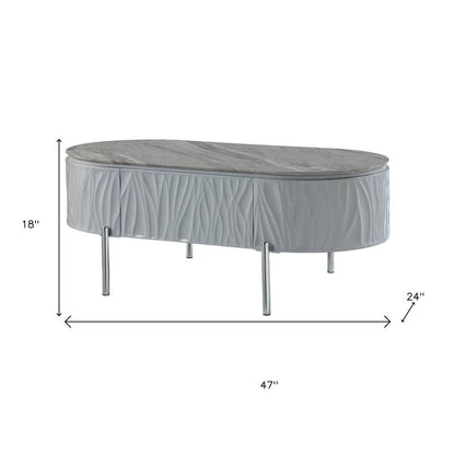 47" Gray Wood and Steel Oval Coffee Table With Drawer HomeRoots