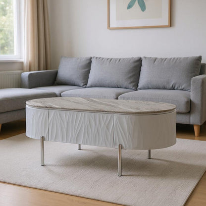 47" Gray Wood and Steel Oval Coffee Table With Drawer HomeRoots