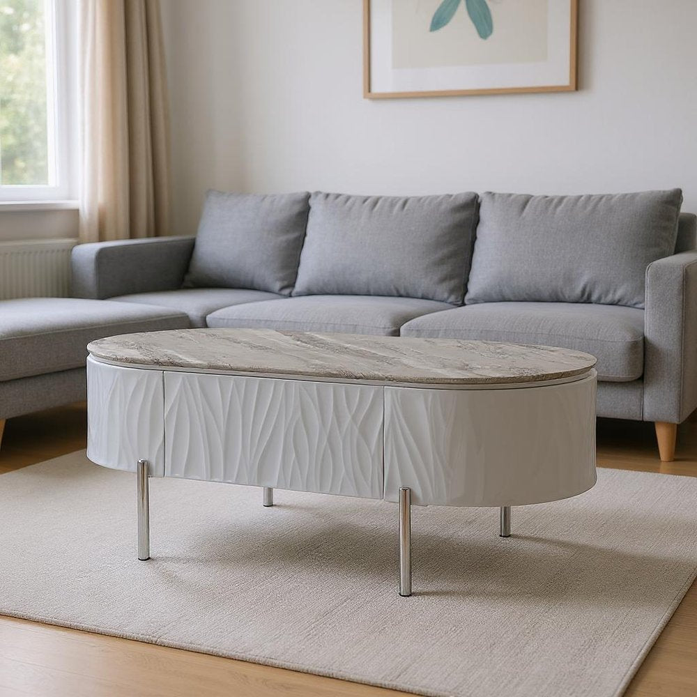 47" Gray Wood and Steel Oval Coffee Table With Drawer HomeRoots
