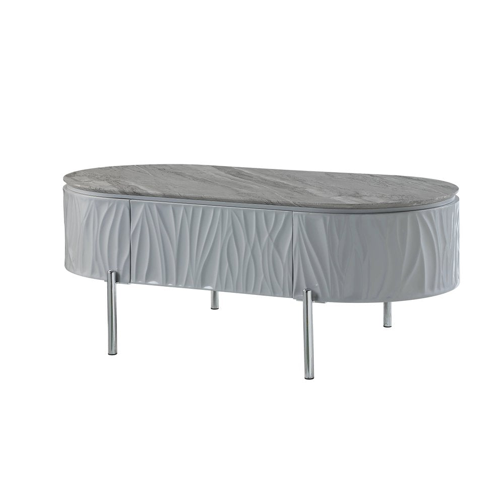47" Gray Wood and Steel Oval Coffee Table With Drawer HomeRoots