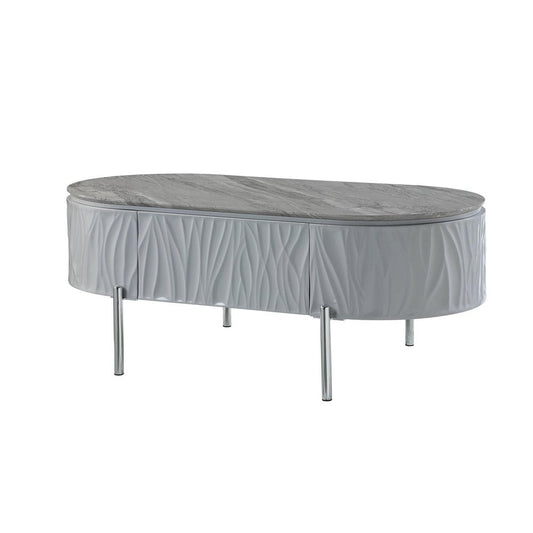 47" Gray Wood and Steel Oval Coffee Table With Drawer HomeRoots