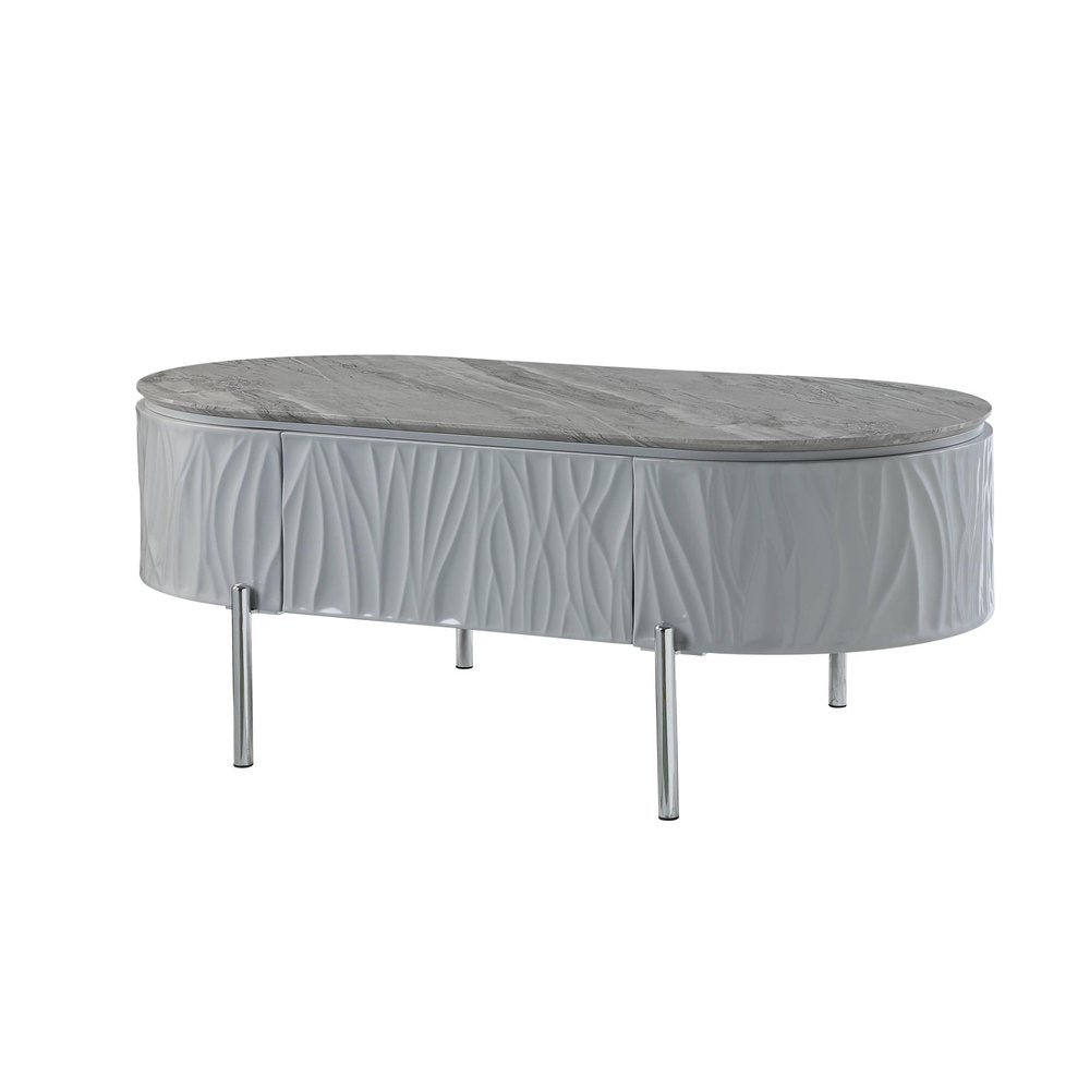 47" Gray Wood and Steel Oval Coffee Table With Drawer HomeRoots