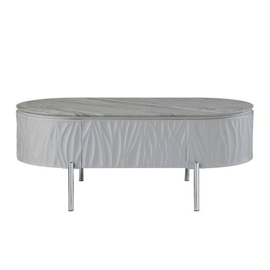 47" Gray Wood and Steel Oval Coffee Table With Drawer HomeRoots