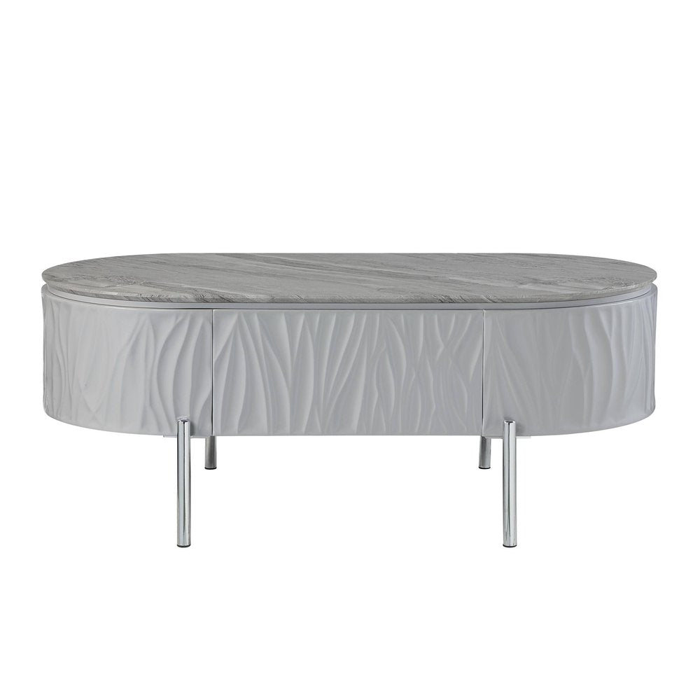 47" Gray Wood and Steel Oval Coffee Table With Drawer HomeRoots
