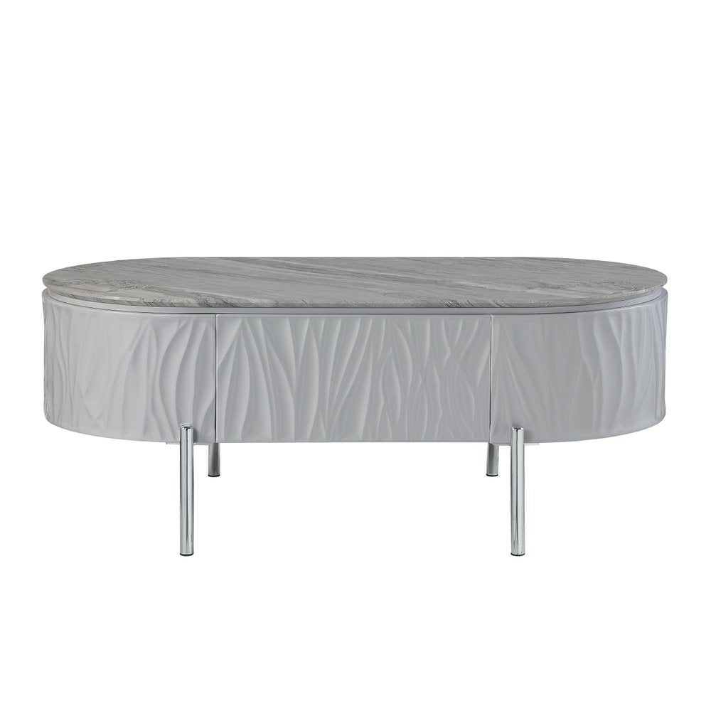 47" Gray Wood and Steel Oval Coffee Table With Drawer HomeRoots