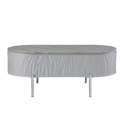 47" Gray Wood and Steel Oval Coffee Table With Drawer HomeRoots