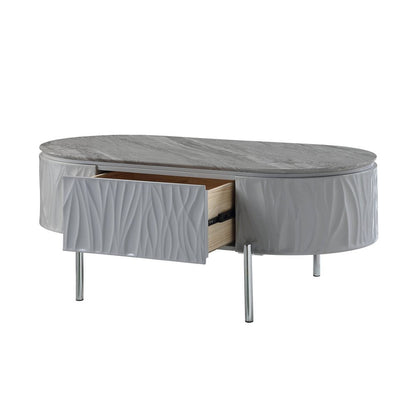 47" Gray Wood and Steel Oval Coffee Table With Drawer HomeRoots