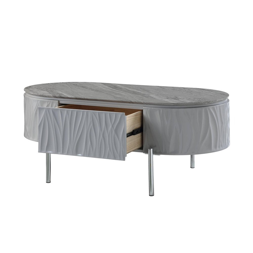 47" Gray Wood and Steel Oval Coffee Table With Drawer HomeRoots