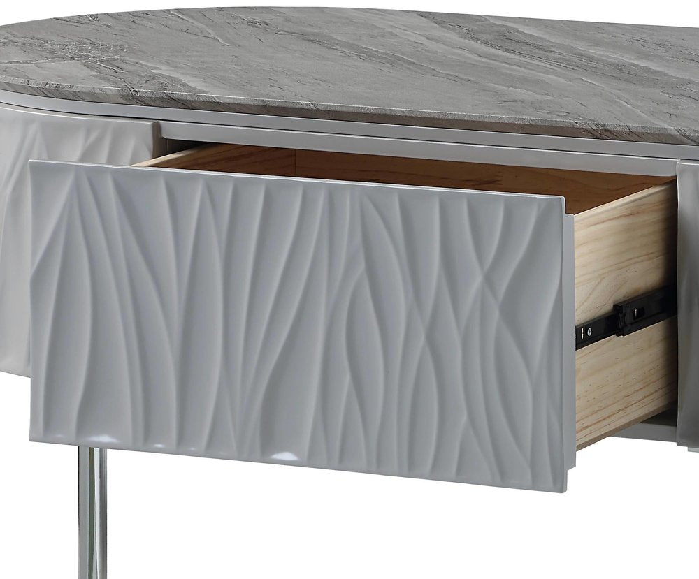 47" Gray Wood and Steel Oval Coffee Table With Drawer HomeRoots