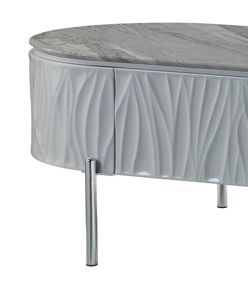 47" Gray Wood and Steel Oval Coffee Table With Drawer HomeRoots