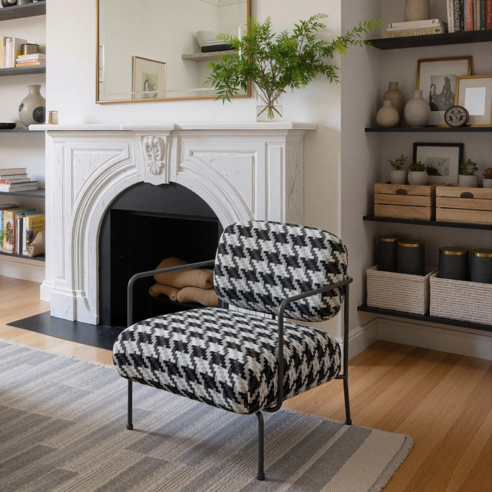 29" Black And White And Black Upholstered Houndstooth Arm Chair HomeRoots