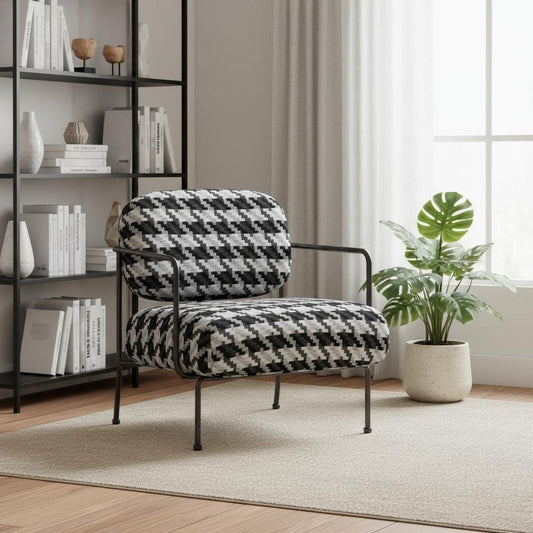 29" Black And White And Black Upholstered Houndstooth Arm Chair HomeRoots