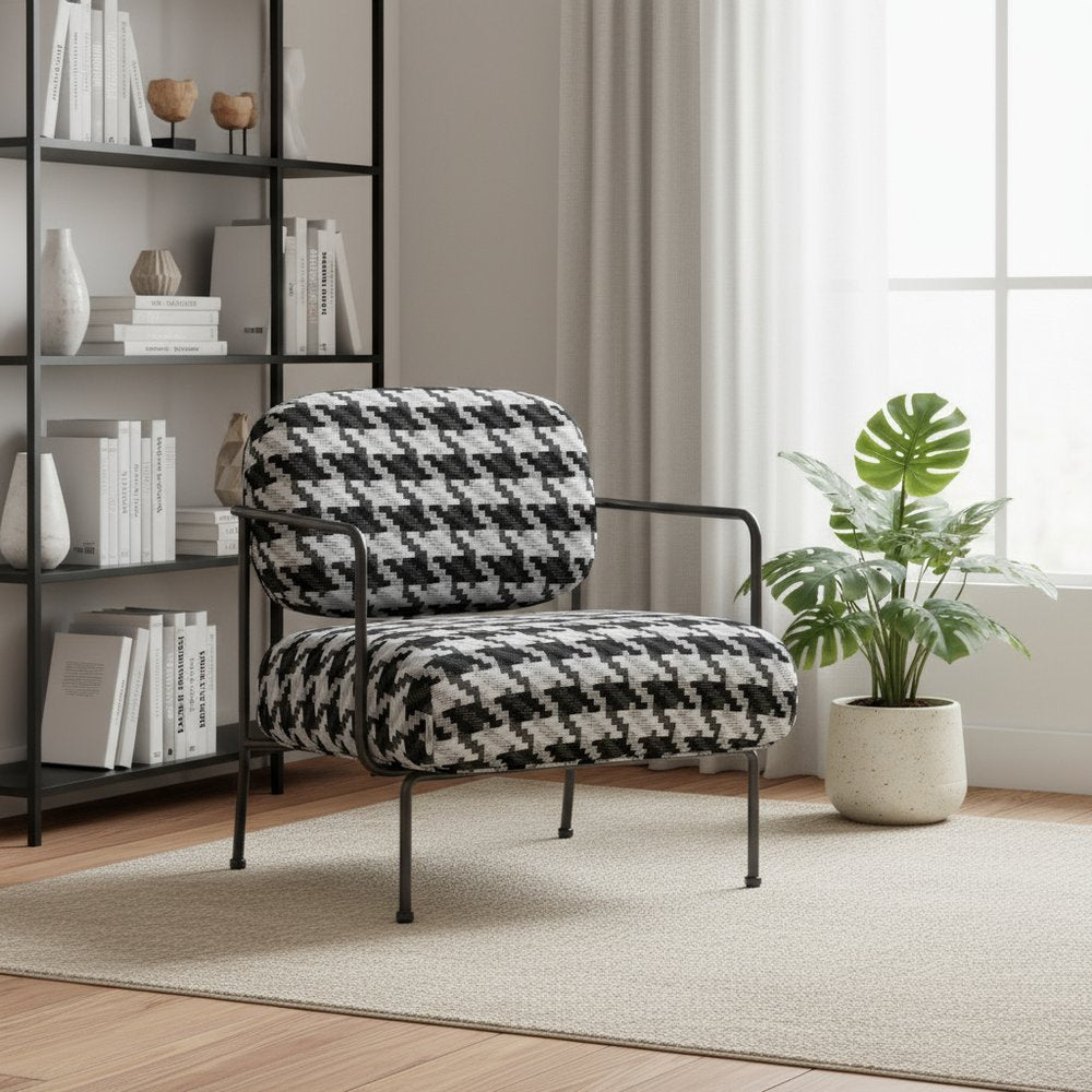 29" Black And White And Black Upholstered Houndstooth Arm Chair HomeRoots