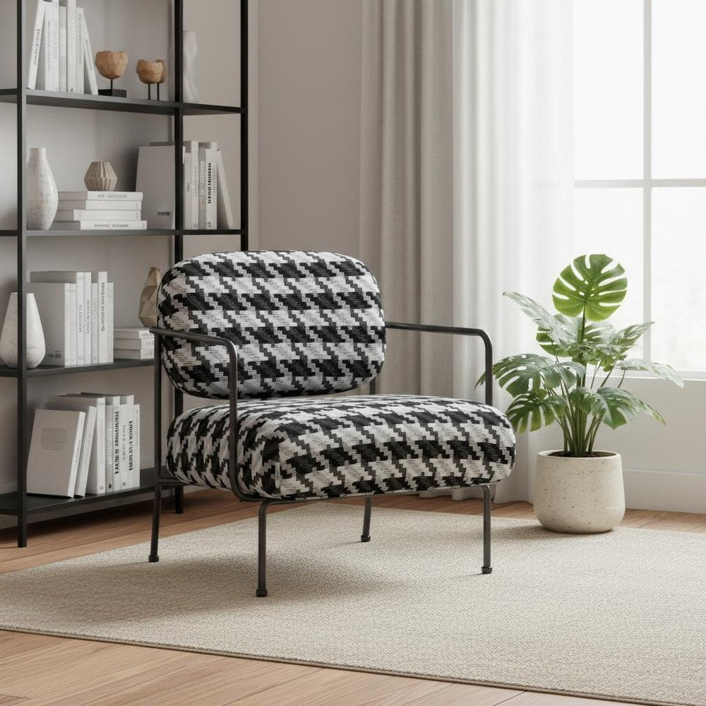 29" Black And White And Black Upholstered Houndstooth Arm Chair HomeRoots