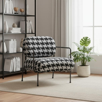 29" Black And White And Black Upholstered Houndstooth Arm Chair HomeRoots
