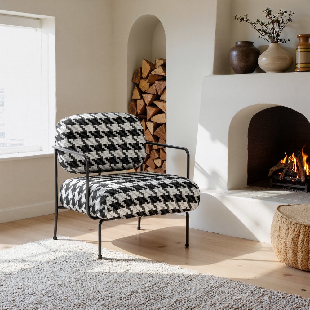29" Black And White And Black Upholstered Houndstooth Arm Chair HomeRoots