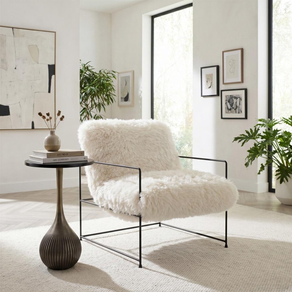 30" White And Black Sherpa And Upholstered Arm Chair HomeRoots