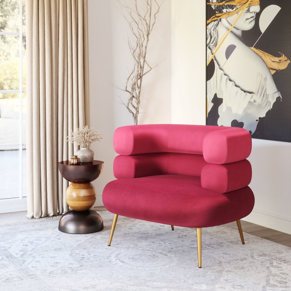 41" Red And Gold Velvet And Upholstered Arm Chair HomeRoots