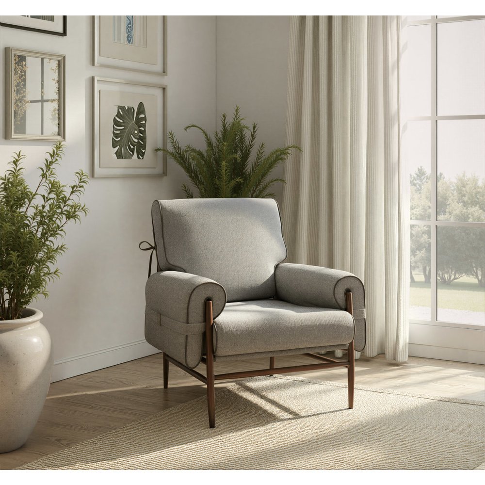 34" Gray And Brown Upholstered Arm Chair HomeRoots