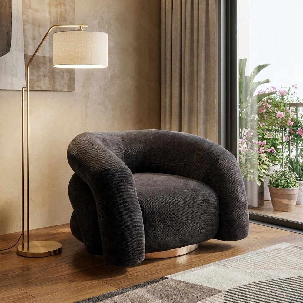37" Black And Gold Faux Shearling And Upholstered Arm Chair HomeRoots