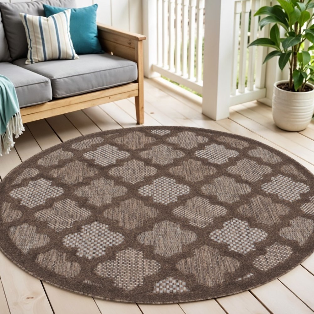 4' Dark Brown And Light Brown Round Geometric Indoor Outdoor Area Rug HomeRoots