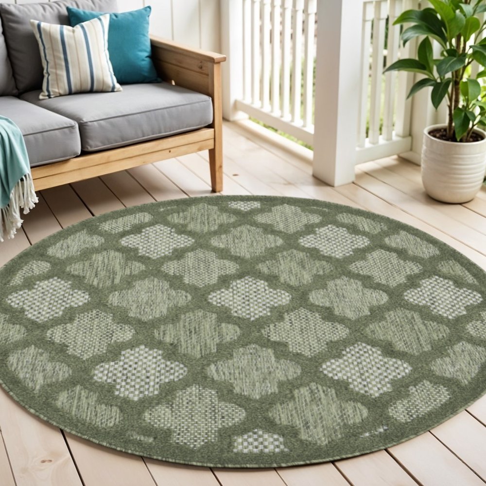 4' Dark Green And Light Green Round Geometric Indoor Outdoor Area Rug — view 4