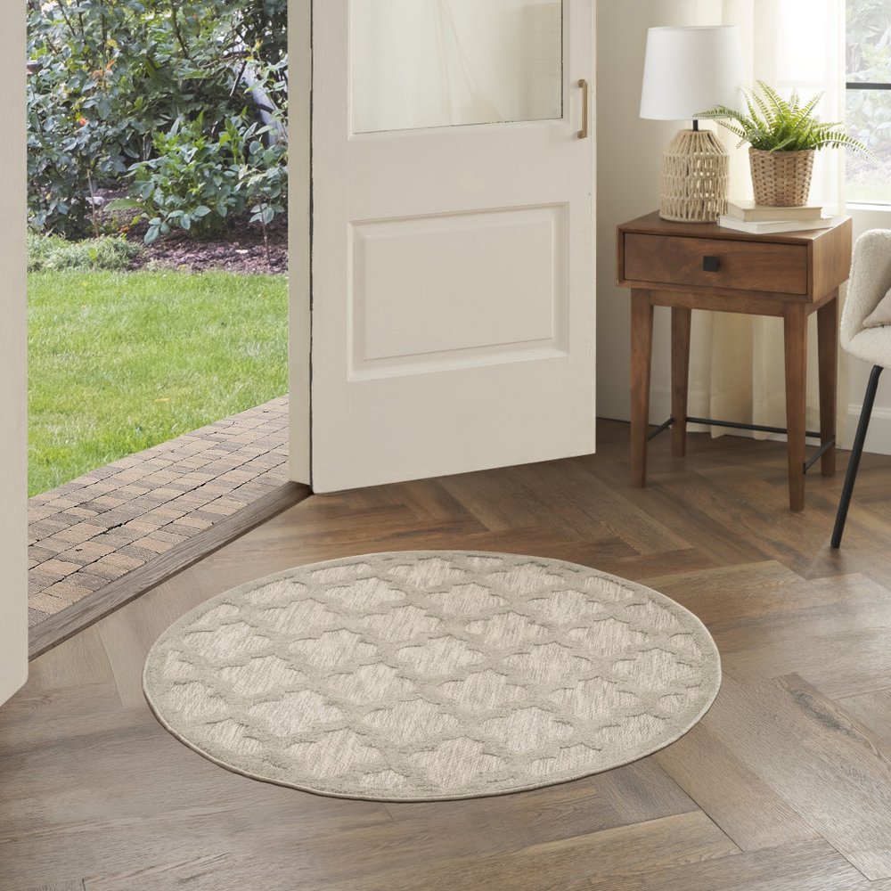 4' Cream And Beige Round Geometric Indoor Outdoor Area Rug — view 7