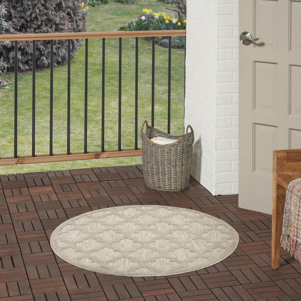 4' Cream And Beige Round Geometric Indoor Outdoor Area Rug — view 9