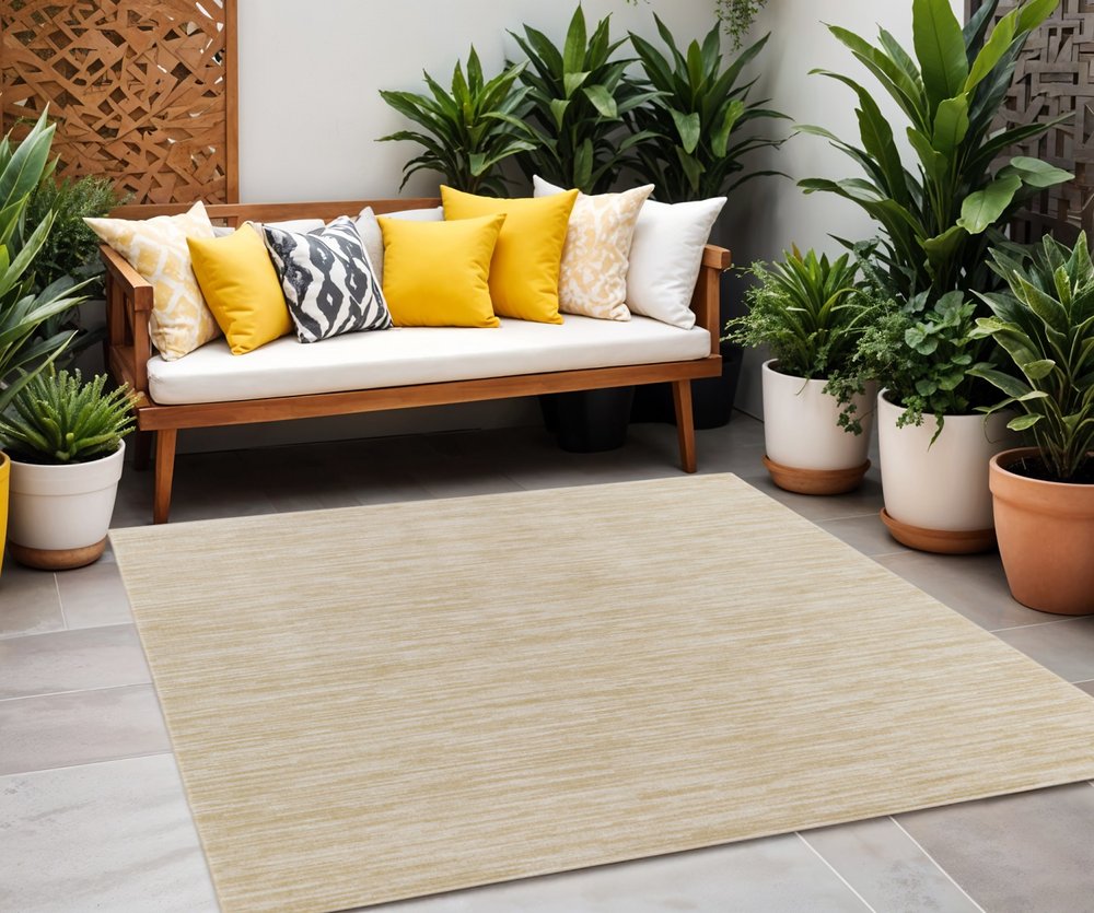 5' Ivory And Gold Square Abstract Indoor Outdoor Area Rug — view 6