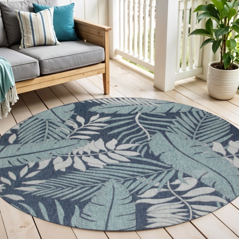 4' Navy Blue Round Floral Indoor Outdoor Area Rug — view 4