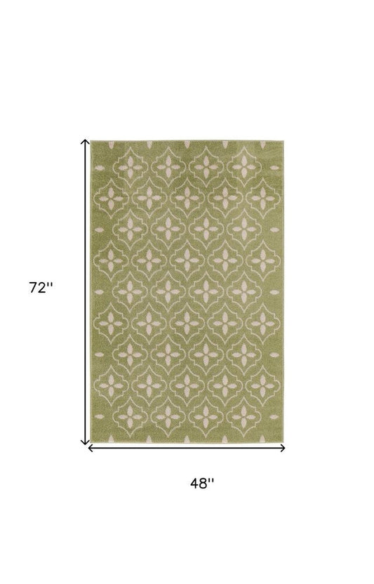 4' X 6' Green And Ivory Geometric Indoor Outdoor Area Rug