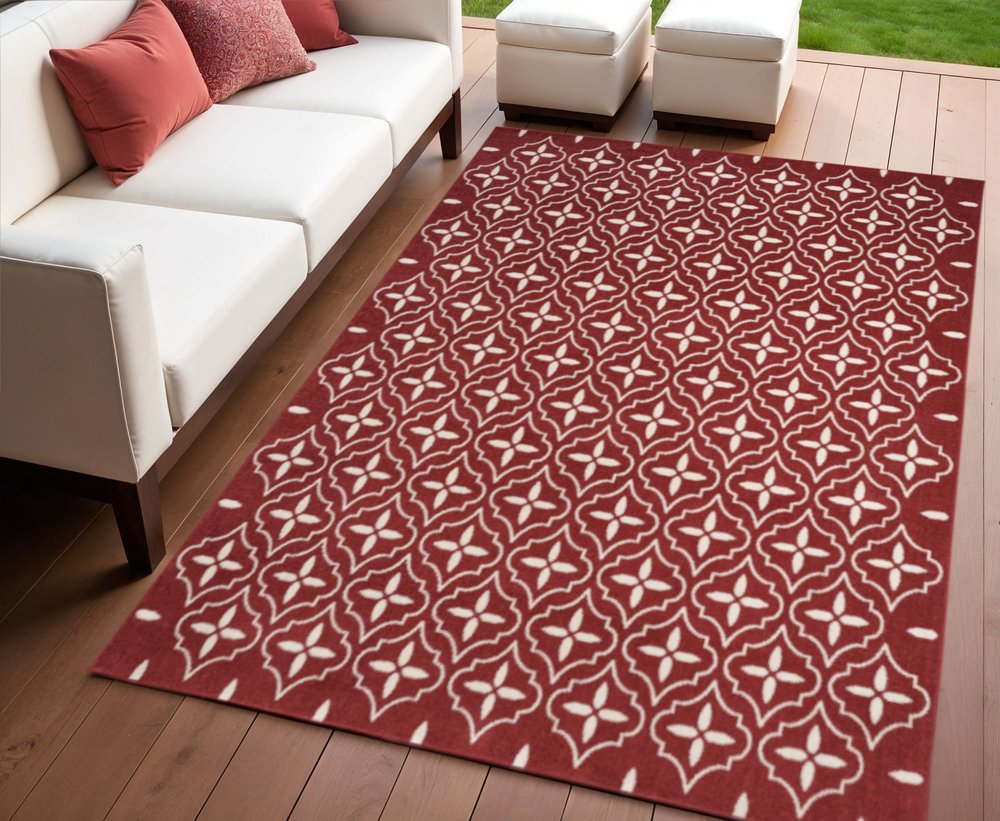 4' X 6' Brick Red And Ivory Geometric Indoor Outdoor Area Rug — view 2