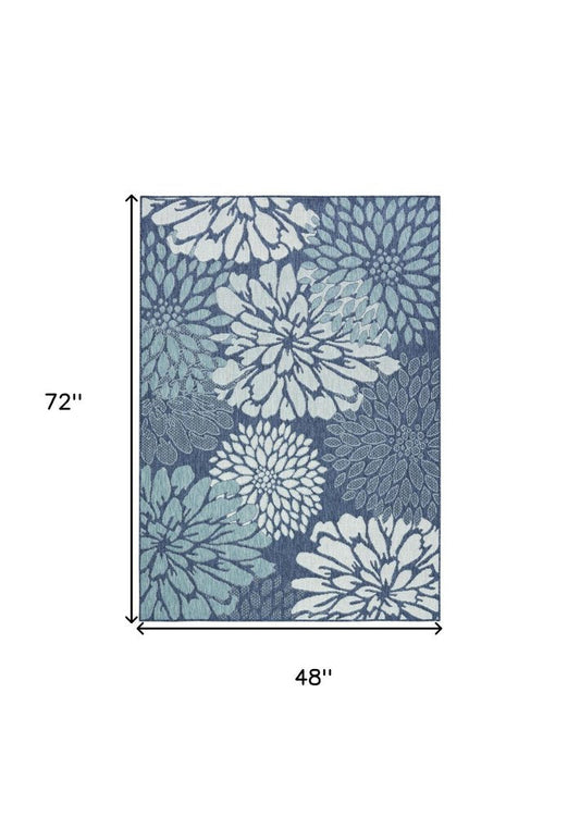 4' X 6' Navy Blue Floral Indoor Outdoor Area Rug