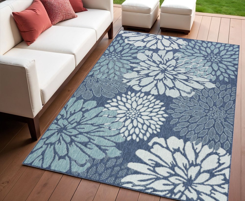 4' X 6' Navy Blue Floral Indoor Outdoor Area Rug — view 3