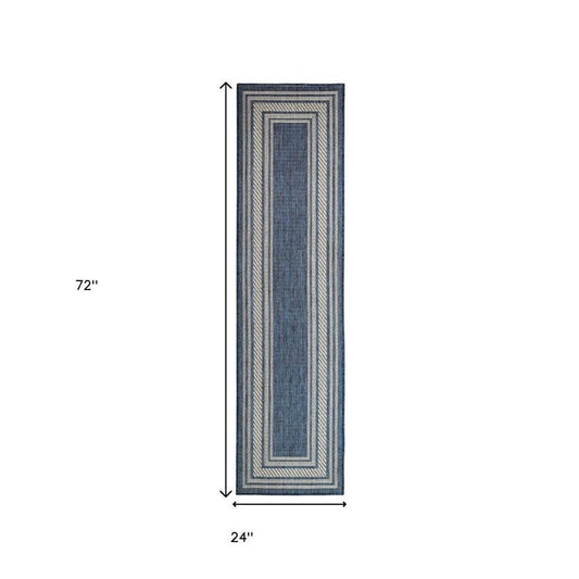 6' Denim Blue And Ivory Geometric Indoor Outdoor Runner Rug