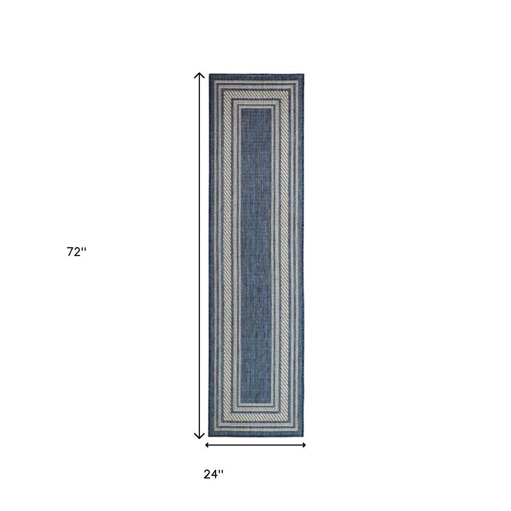 6' Denim Blue And Ivory Geometric Indoor Outdoor Runner Rug