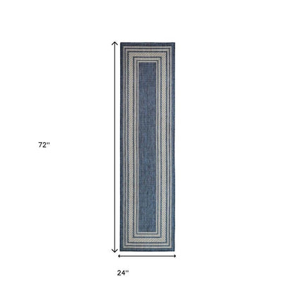 6' Denim Blue And Ivory Geometric Indoor Outdoor Runner Rug