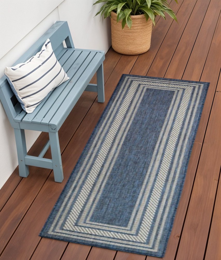 6' Denim Blue And Ivory Geometric Indoor Outdoor Runner Rug — view 2
