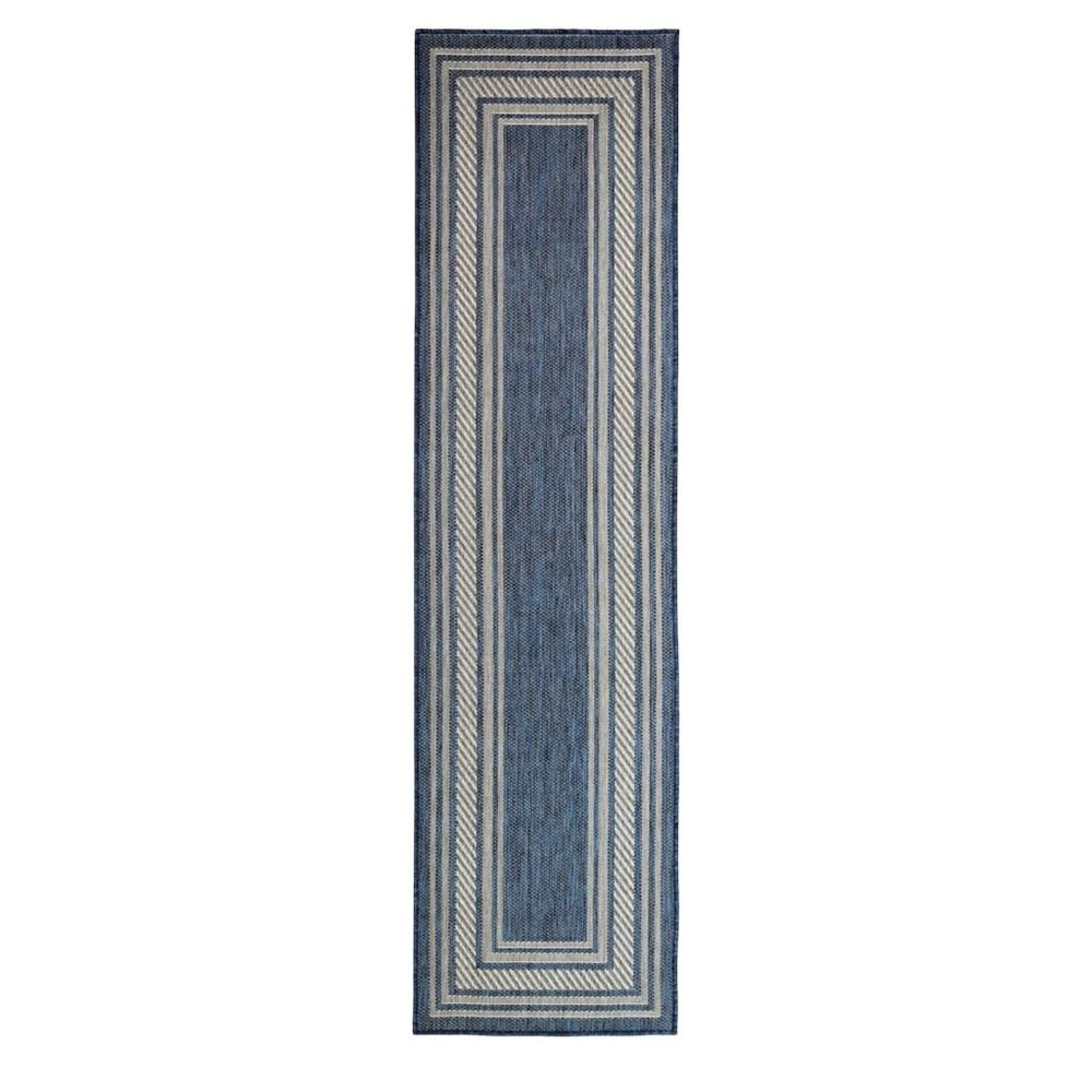 6' Denim Blue And Ivory Geometric Indoor Outdoor Runner Rug