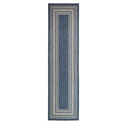 6' Denim Blue And Ivory Geometric Indoor Outdoor Runner Rug