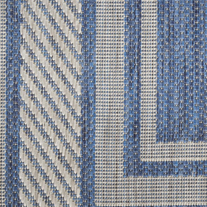 6' Denim Blue And Ivory Geometric Indoor Outdoor Runner Rug