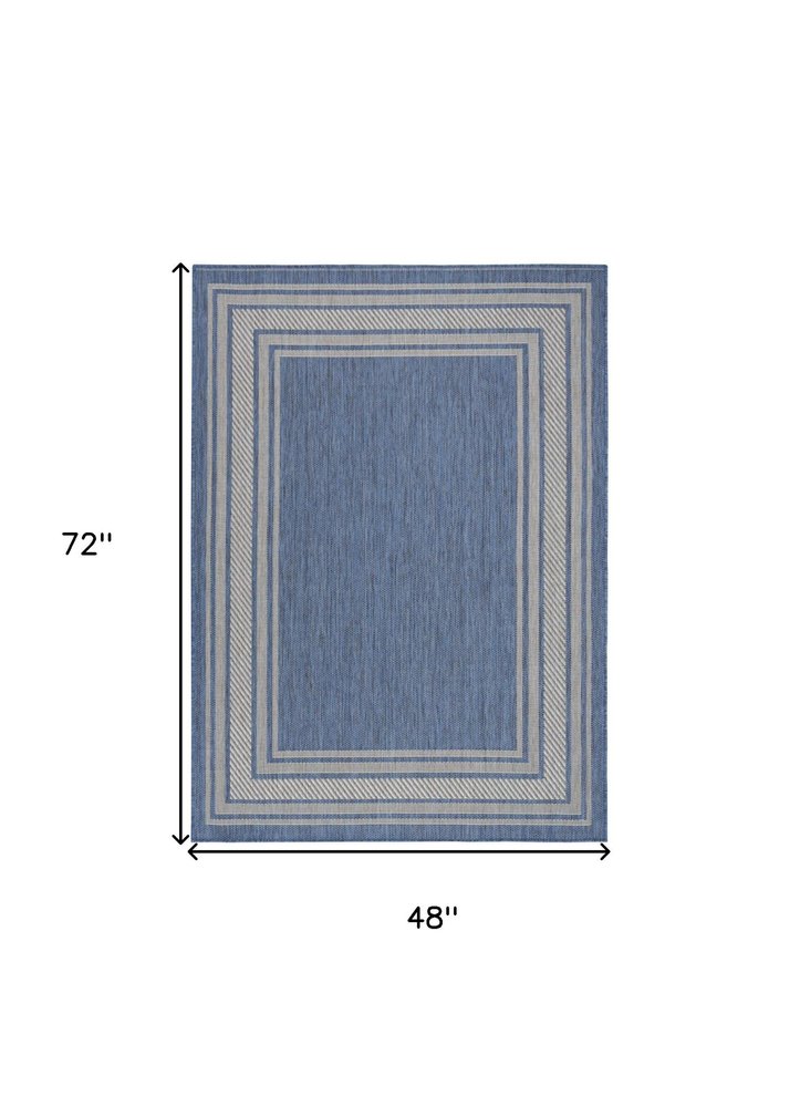 4' X 6' Denim Blue And Ivory Geometric Indoor Outdoor Area Rug HomeRoots