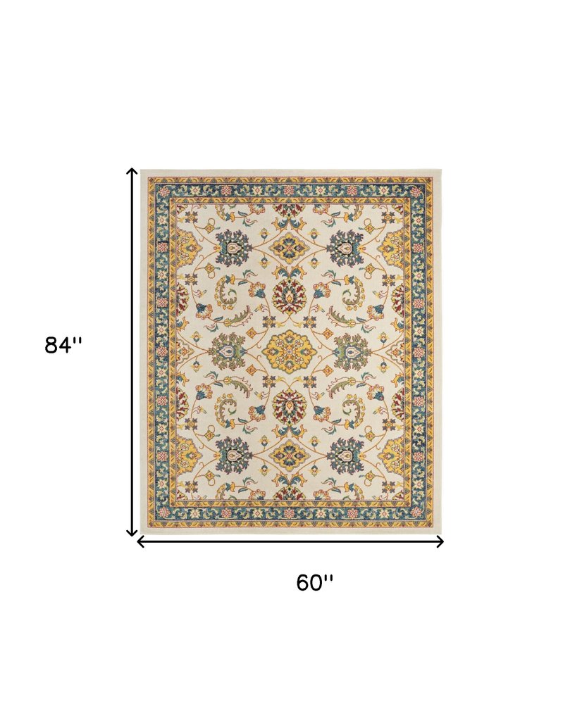 5' X 7' Ivory And Gold Floral Indoor Outdoor Area Rug — view 3