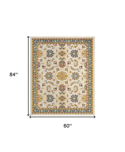 5' X 7' Ivory And Gold Floral Indoor Outdoor Area Rug HomeRoots