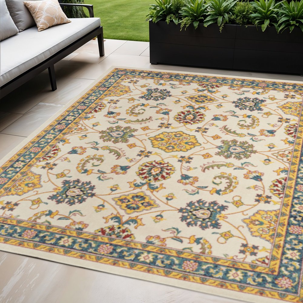 5' X 7' Ivory And Gold Floral Indoor Outdoor Area Rug HomeRoots