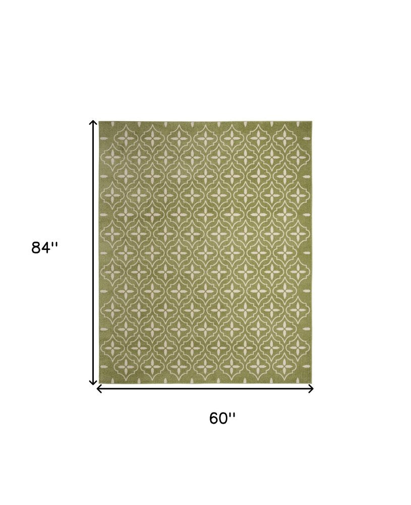 5' X 7' Green And Ivory Geometric Indoor Outdoor Area Rug — view 1
