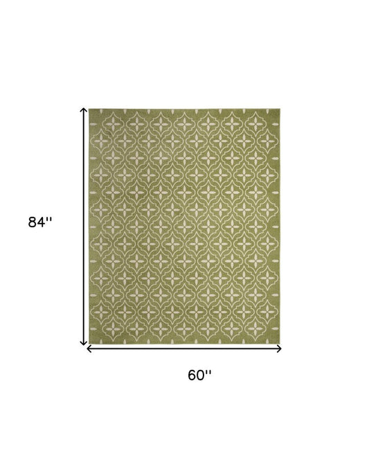 5' X 7' Green And Ivory Geometric Indoor Outdoor Area Rug