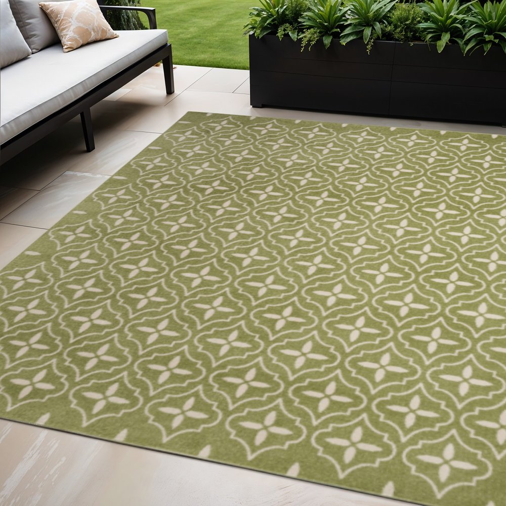 5' X 7' Green And Ivory Geometric Indoor Outdoor Area Rug HomeRoots