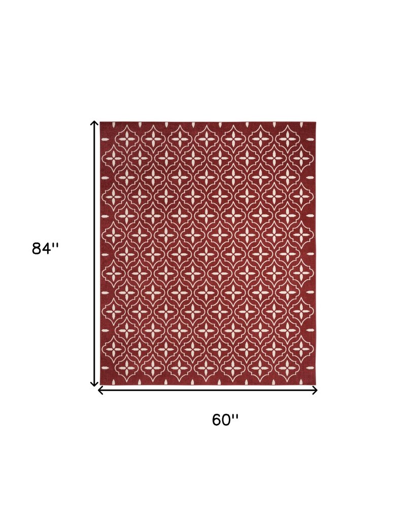 5' X 7' Brick Red And Ivory Geometric Indoor Outdoor Area Rug HomeRoots