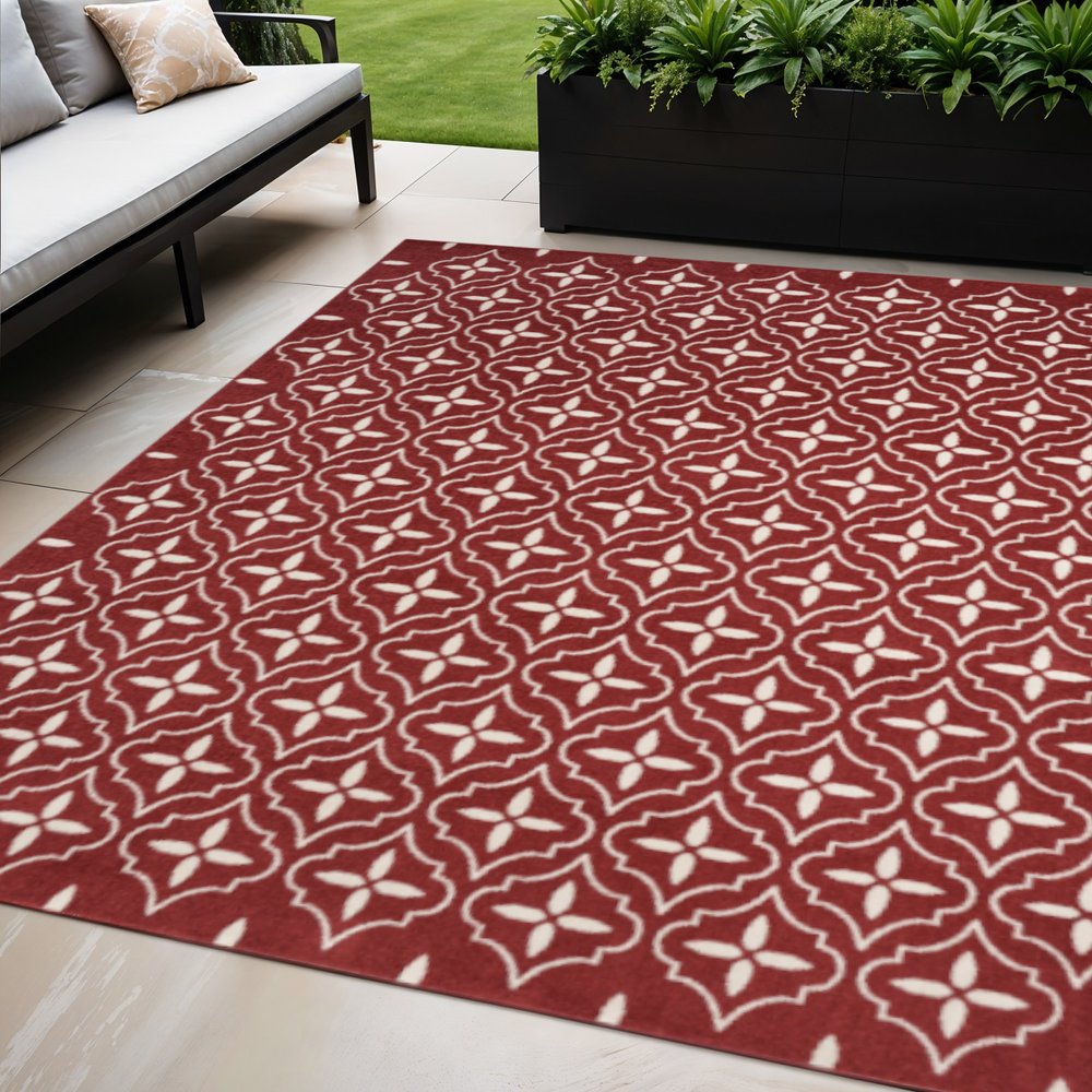 5' X 7' Brick Red And Ivory Geometric Indoor Outdoor Area Rug — view 2